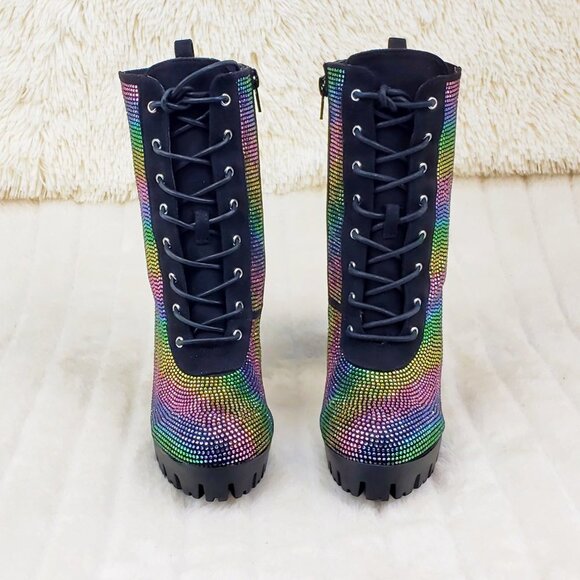 Rainbow Sparkle Rhinestone Chunky High Heel Ankle Boots - Picture 15 of 17